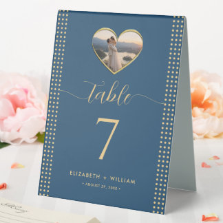 Gold & Blau Punkte personalisierte Hochzeit Tischaufsteller