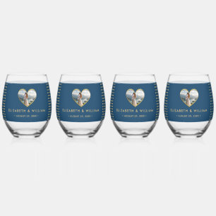 Gold & Blau Punkte personalisierte Hochzeit Weinglas Ohne Stiel
