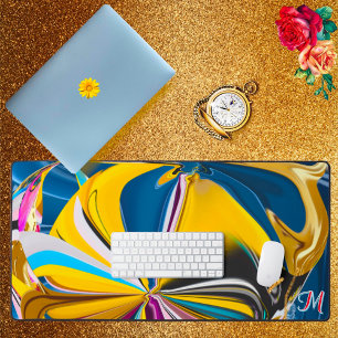Gold Blau Rosa Blumen Monogramm Verflüssigt Abstra Schreibtischunterlage