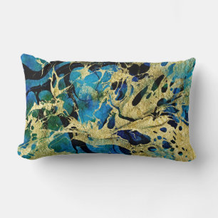 Gold, Blau und Schwarze Kunst - Abstraktes Goldene Lendenkissen