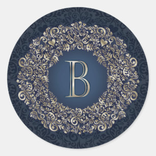 Gold Blau Verzierte B Fancy Damast Monogramm Runder Aufkleber