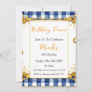 Gold Blau Weiß Gingham Luxus Modern Trendig Chic Einladung