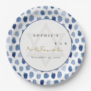 GOLD BLAUE INDIGO WATERCOLOR DOPPELT BAR BAT MITZV PAPPTELLER
