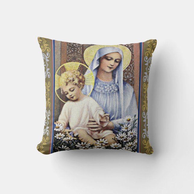 Gold/blaue Jungfrau, die Baby Jesus mit Grenze Kissen (Vorderseite)
