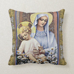Gold/blaue Jungfrau, die Baby Jesus mit Grenze Kissen