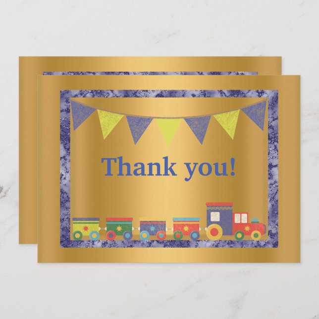 GOLD BLAUE MARBLE TRIM TOM TRAIN DANK EINLADUNG (Vorne/Hinten)