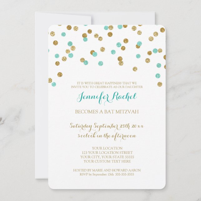Gold Blue Aqua Confetti Bat Mitzvah Einladung (Rückseite)