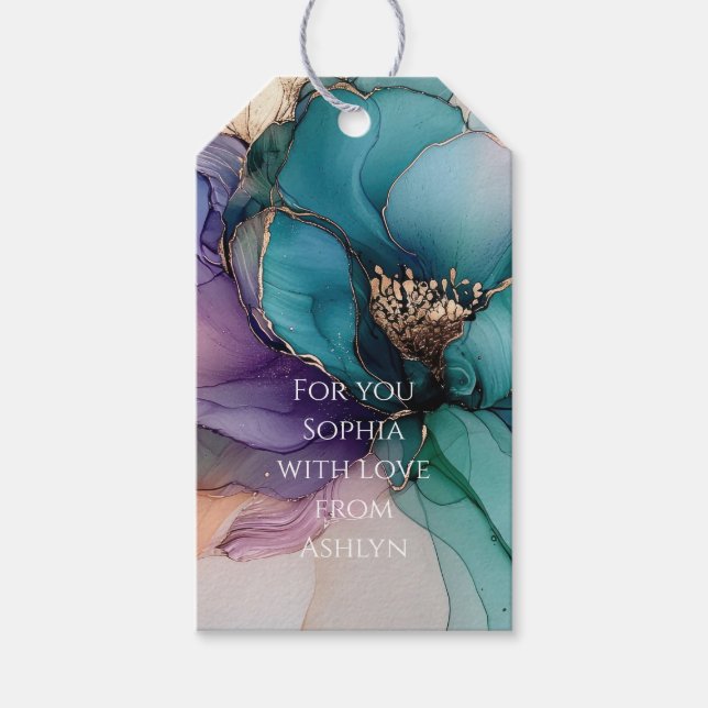 Gold Blue Aqua Lila Blume Brautparty Geschenkanhänger (Vorderseite)