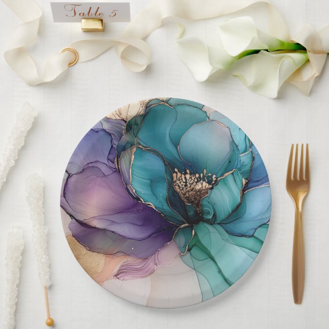 Gold Blue Aqua Lila Blume Brautparty Pappteller (Hochzeit)