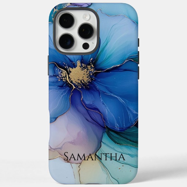 Gold Blue Aqua Lila Blume iPhone 16 Pro Max Hülle (Rückseite)