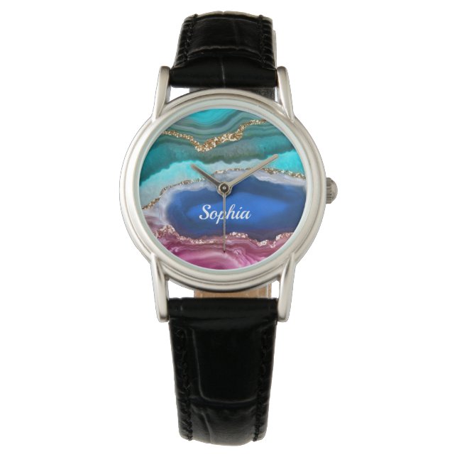 Gold Blue & Aquamarin Agate, Name oder Ihr Art/Fot Armbanduhr (Vorderseite)