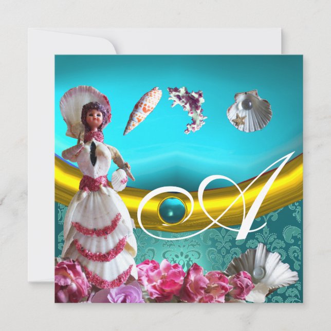 GOLD BLUE AQUAMARINE DAMASK BEACH WEDDER MONOGRAM EINLADUNG (Vorderseite)