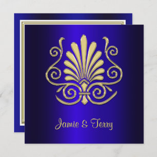 Gold Blue Art Deco Damask Einladung 2
