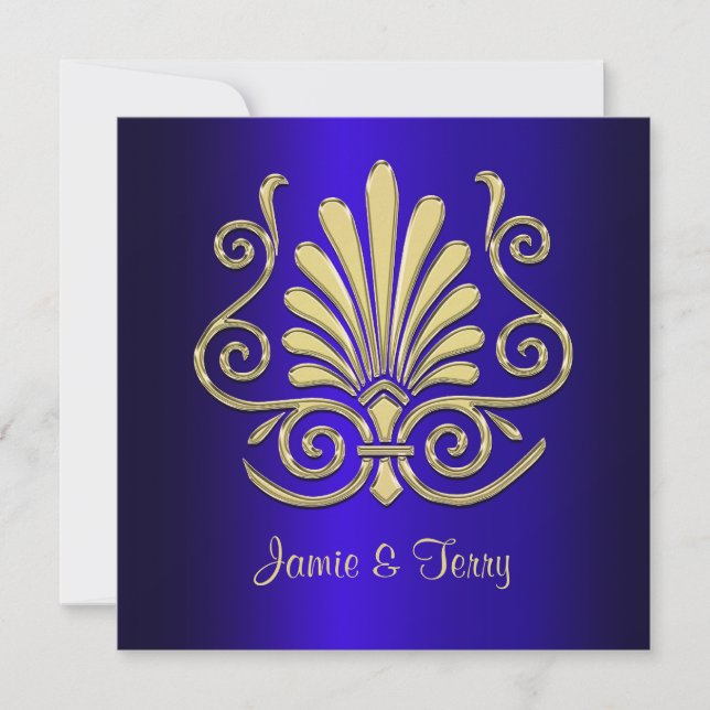 Gold Blue Art Deco Damask Einladung 2 (Vorderseite)
