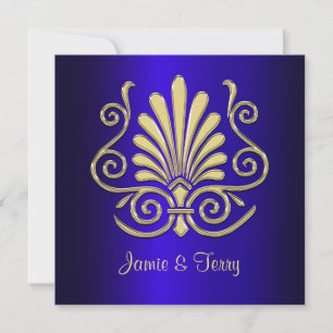 Gold Blue Art Deco Damask Einladung 2