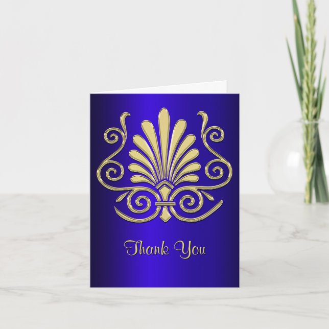 Gold Blue Art Deco Damask Merci (Devant)