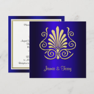 Gold Blue Art Deco Mariage damassé Invitation 2