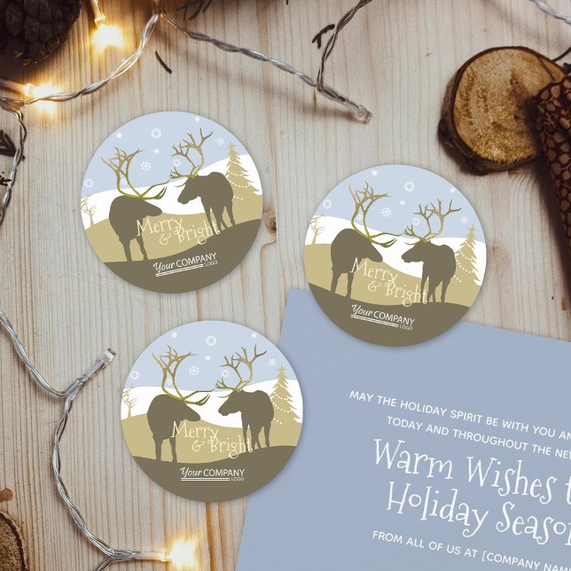 Gold Blue Beige Reindeer Antlers Holiday Stickers (rustic light blue beige brown reindeer antlers logo company christmas stickers favor envelope seals)
