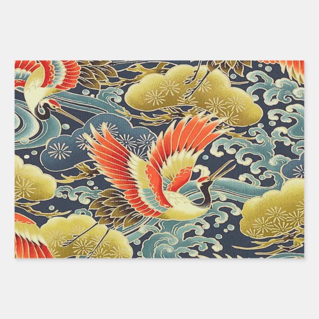 Gold Blue Bird Japanischer Kimono Blumendekoupage Geschenkpapier Set (Vorderseite)