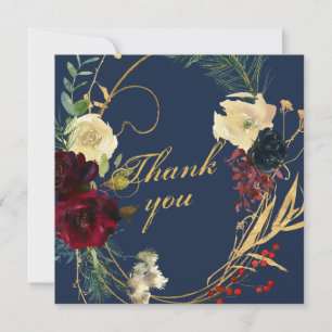 Gold Blue Burgundy Watercolor Blumenstrauß Weddin Dankeskarte