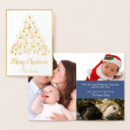 Gold Blue Christmas Tree Holiday Foto Collage Folienkarte