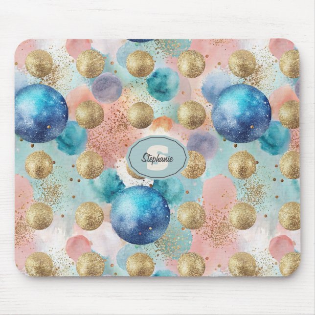Gold & Blue Circle Muster mit Glitzer Akzenten Mousepad (Vorne)
