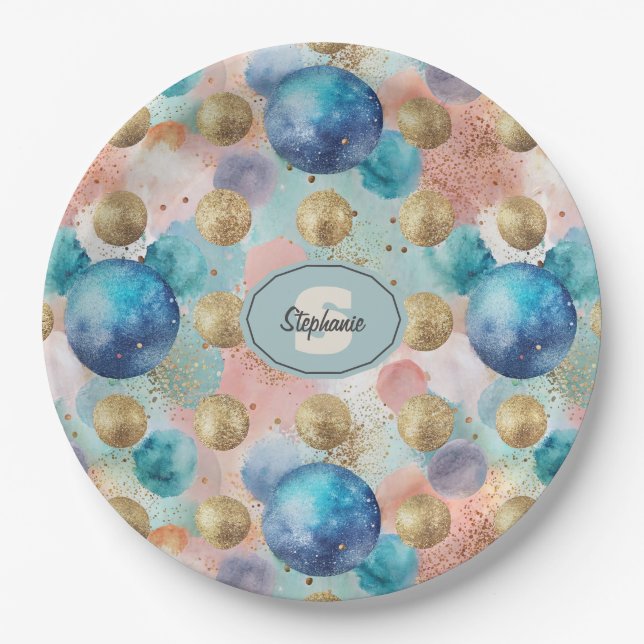 Gold & Blue Circle Muster mit Glitzer Akzenten Pappteller (Vorderseite)