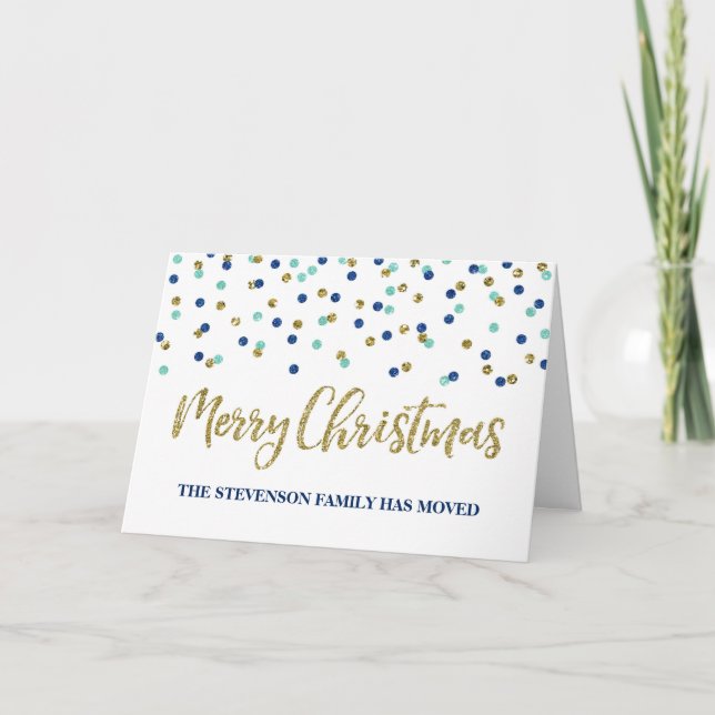 Gold Blue Confetti Frohe Weihnachten Neue Adresse (Vorderseite)