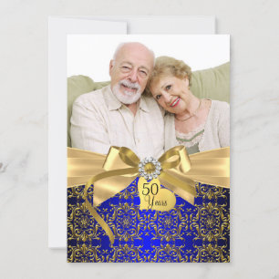 Gold Blue Damask & Bow Foto 50 Jahre Einladung