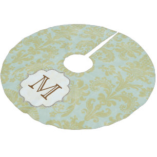 Gold Blue Damask Lace Monogram Ursprüngliches Trep Polyester Weihnachtsbaumdecke