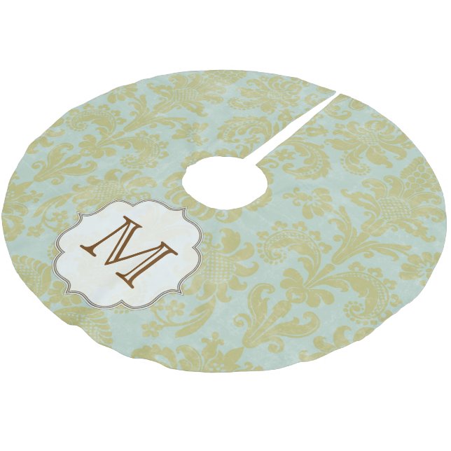 Gold Blue Damask Lace Monogram Ursprüngliches Trep Polyester Weihnachtsbaumdecke (Schrägansicht)