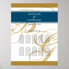 Gold Blue Elegant Monogram Wedding Seating Chart Poster