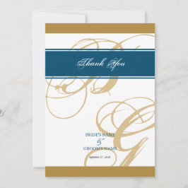 Gold Blue Elegant Script Monogram Wedding Dankeskarte