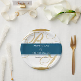 Gold Blue Elegant Script Monogram Wedding Pappteller