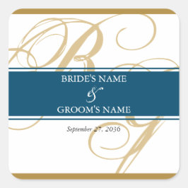 Gold Blue Elegant Script Monogram Wedding Quadratischer Aufkleber