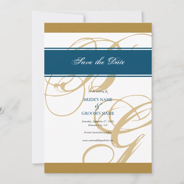 Gold Blue Elegant Script Monogram Wedding Save The Date (Vorderseite)