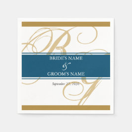 Gold Blue Elegant Script Monogram Wedding Serviette