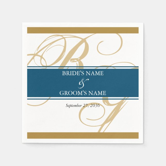 Gold Blue Elegant Script Monogram Wedding Serviette (Vorderseite)