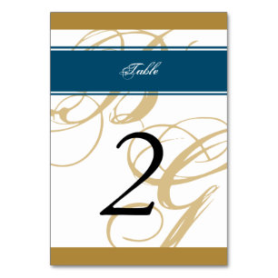 Gold Blue Elegant Script Monogram Wedding Tischnummer