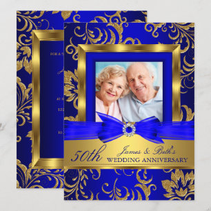 Gold Blue Floral Foto 50. Hochzeitstag Einladung