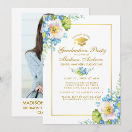 Gold Blue Floral Grad Party Einladung - Foto Zurüc