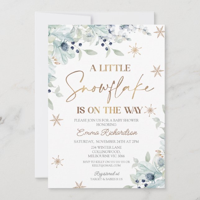 Gold Blue Floral Little Snowflake Baby Dusche Einladung (Vorderseite)