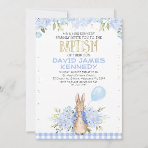 Gold Blue Floral Peter Rabbit Baptême Invitation