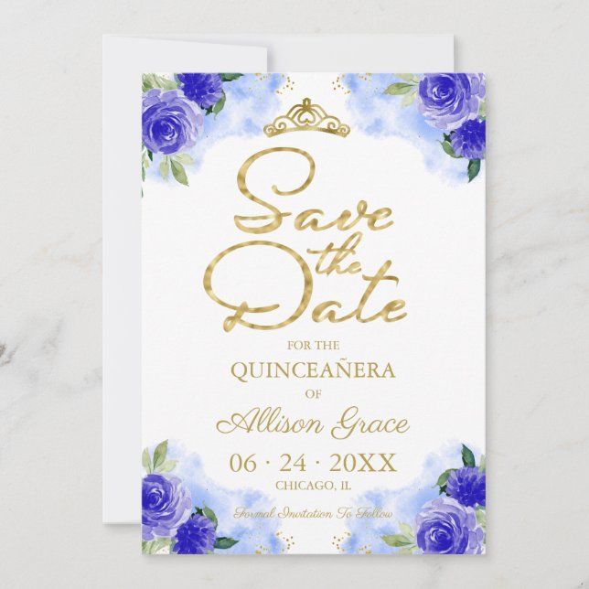 Gold Blue Floral Quinceanera Save the Date Einladung (Vorderseite)