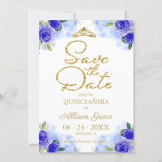 Gold Blue Floral Quinceanera Save the Date Einladung