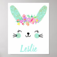 Gold Blue Floral Rabbit visage Nursery Poster Nom