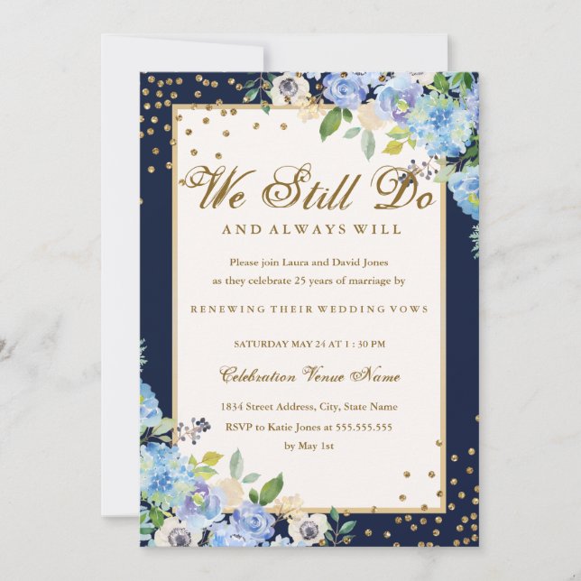 Gold Blue Floral Sparkle Vow Renewable Jubiläum Einladung (Vorderseite)
