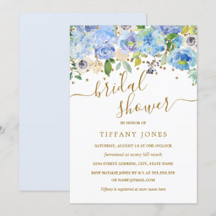 Gold Blue Floral Watercolor Brautparty Einladung