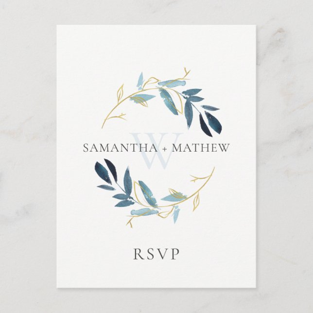 GOLD BLUE FOLIAGE WATERCOLOR WREATH WEDH RSVP POSTKARTE (Vorderseite)