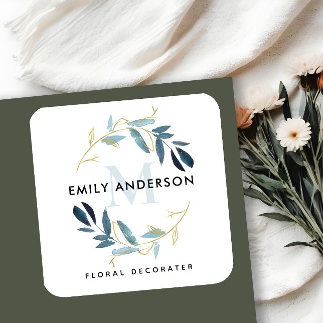 GOLD BLUE FOLIAGE WREATH BERUFLICH MONOGRAM QUADRATISCHER AUFKLEBER (Von Creator hochgeladen)